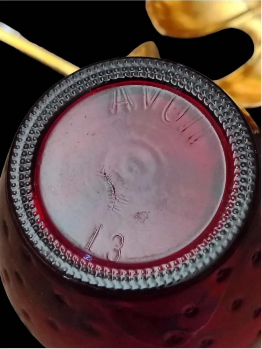 Avon Small strawberry Shaped Jam Jar Red Glass Gold Tone Metal Lid 4